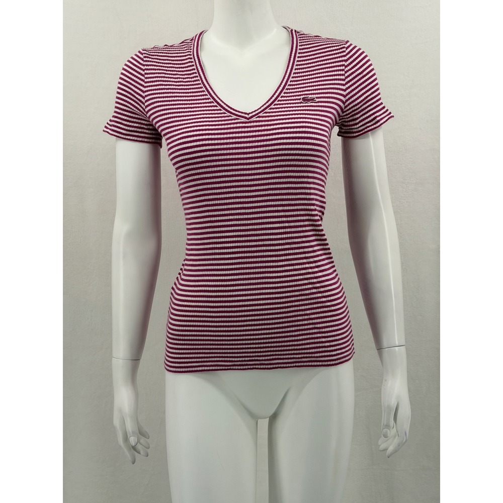 Lacoste Top Womens 36 Small Purple Striped Ribbed V-Neck Casual Preppy Logo